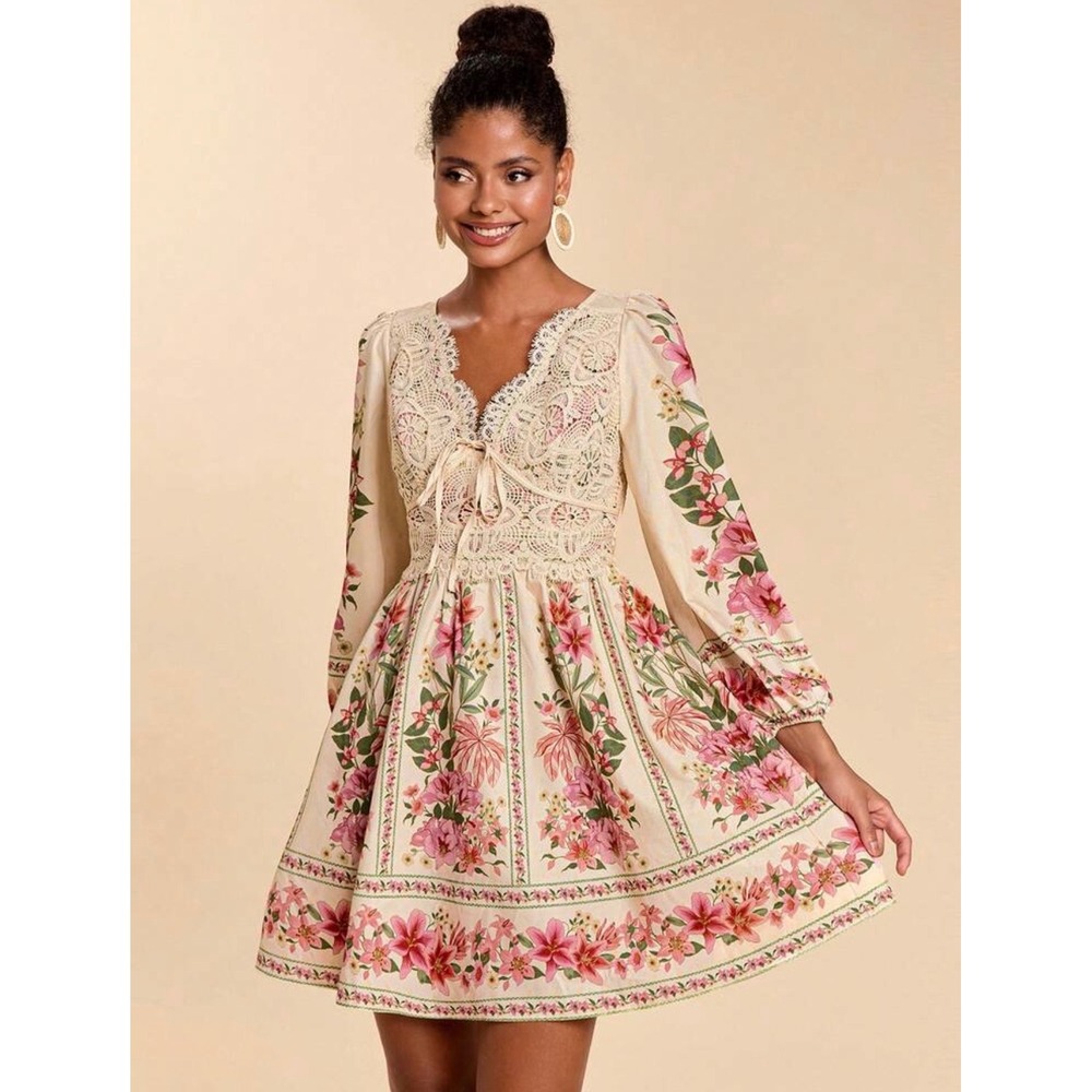 Floral Crochet Lace Mini Dress Long Balloon Sleeve Boho Cottagecore Cream Pink L